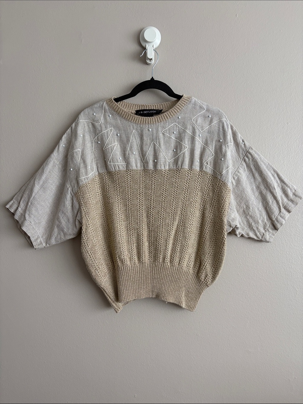 VTG 80s IB Diffusion Pearl Embroidered Linen Rayon Knit Top Large